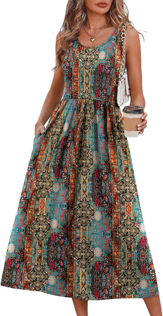 WIHOLL Womens Summer Dresses Midi Dresses for Women Boho Vacation Sleeveless Flowy Casual Spring Dress Hawaiian Beach Long Dress Sundresses for Women Teal Boho Floral Print L