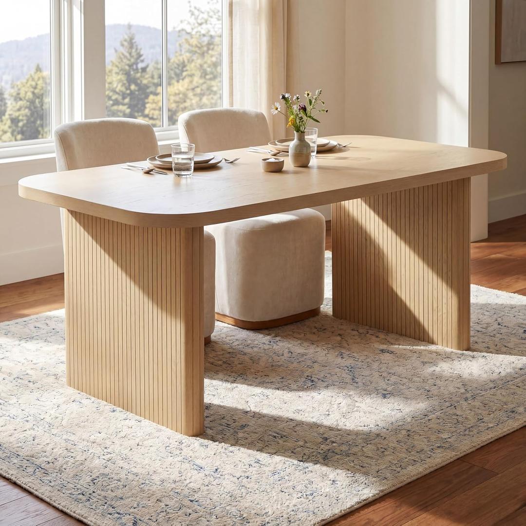 Merax 68.75" Rectangular Dining Table with Ribbed Leg, Modern Oak Veneer MDF Top, Rubber Wood Legs, 200 lbs Capacity, Rounded Edge Safety Design, Seats 4-6 for Dining Room, Living Room, Natural Oak