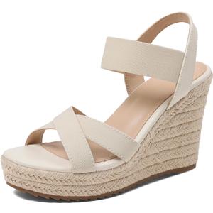 mikarka Women's Open Toe Espadrilles Wedge Sandal Slip On Elastic Ankle Strap Platform Sandals Dressy Comfortable Wedges Shoe (8.5, Apricot)