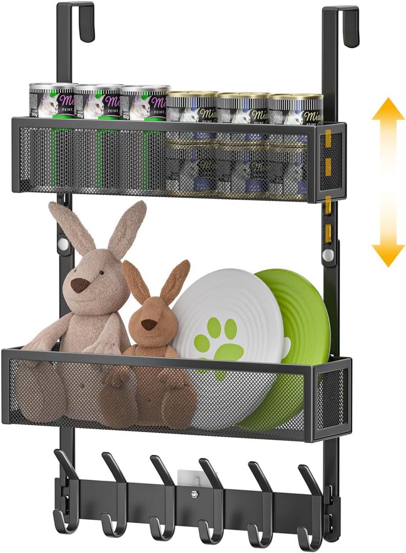 LUCYCAZ Adjustable Over The Door Hooks Organizer, Over The Door Towel Rack with 10 Coat Hooks & 2 Mesh Basket, Multi-Purpose Storage for Bathroom, Bedroom, Kitchen (Black)