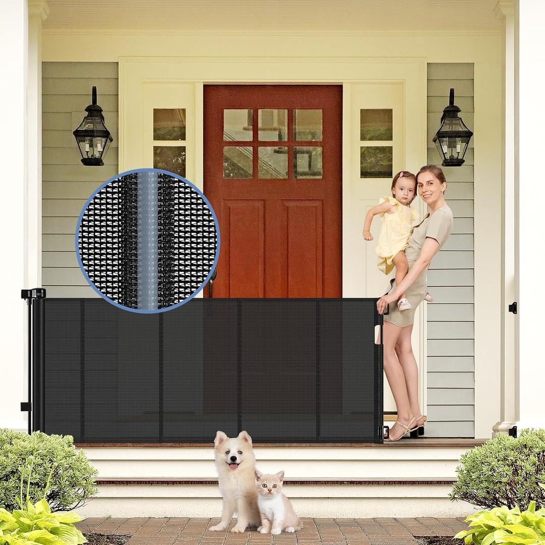 Reinforced Retractable Baby Gates with Support Beam 60" Wide Retractable Dog Gate Indoor Prevent Children and Dogs from Crawling Under Outdoor Dog Gate for Deck Mesh Gates for Kids or Pets, Black