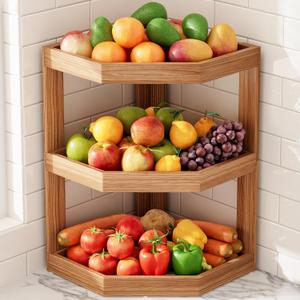Fruit Basket for Kitchen Counter - 3 Tier Wooden Corner Fruit Basket Stand for Countertop, Large Fruit Bowl and Vegetable Storage Organizer, Fruit Holder Rack for Potato, Onion, Snack