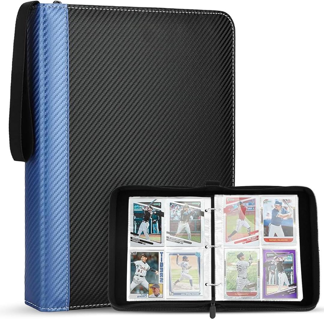 4-Pocket Card Binder, 400 Pockets Trading Card Holder with 50 Removable Sleeves, Large Capacity Waterproof Zipper Album for Collectors, Portable Storage for Game/Sports/Credit Cards-Black Blue