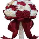 Sharebeauty 5.9 Inch Handmade Satin Rose Bridal Bouquet Toss Round Wedding Bouquet Throw Toss Artificial Flower Bunch Dark Red + Ivory