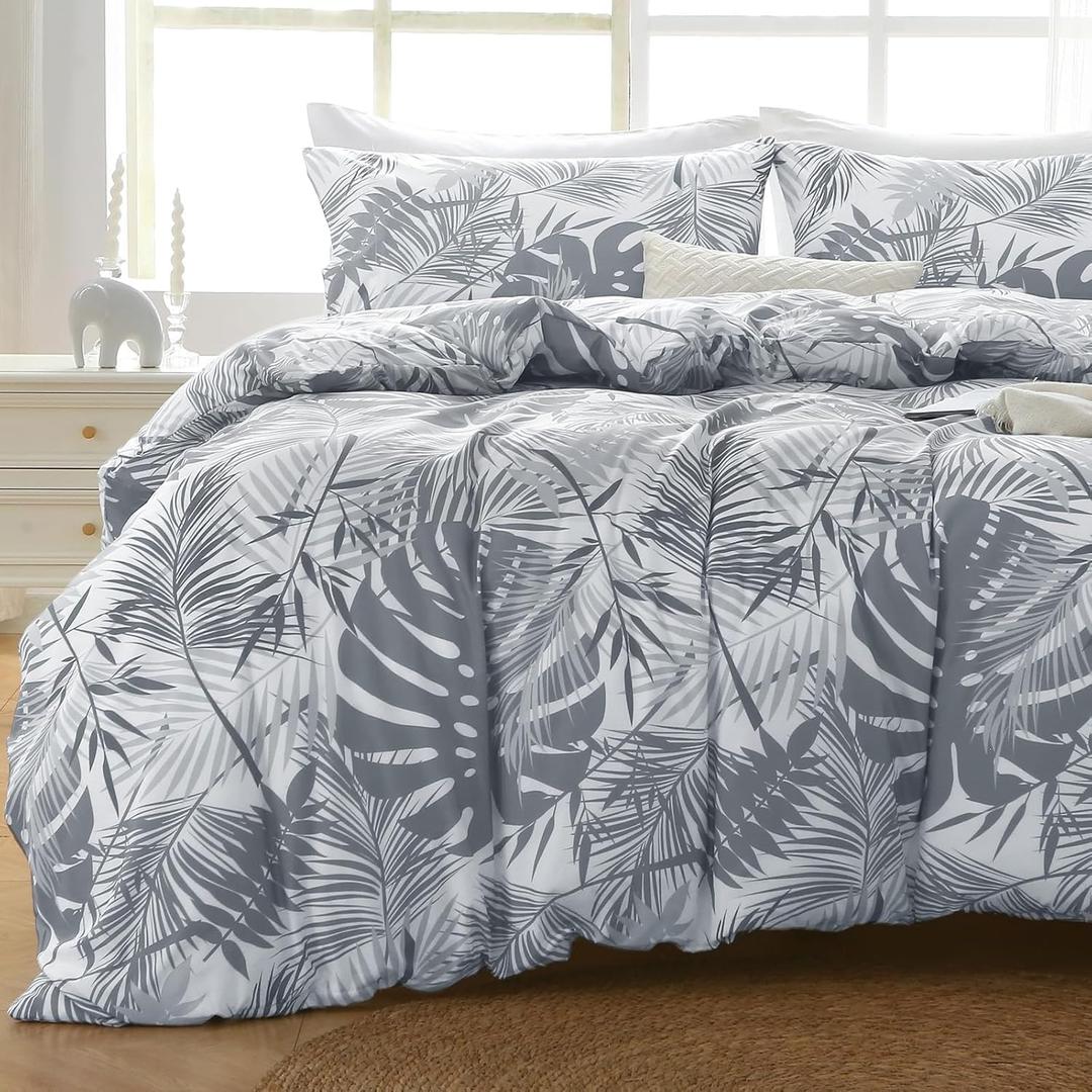 MUXHOMO Duvet Cover Queen Size, Reversible Floral Grey Duvet Cover Set with Zipper Closure, 3 Pieces Botanical Patterns Soft Microfiber Bedding Set with 4 Ties (90"x90", 2 Pillow Cases)