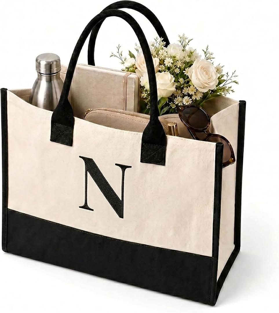 2 x Salt Earth Canvas Tote Bag for Women, Personalized Initial Monogram Tote, Beach Grocery Utility Tote for Travel & Work