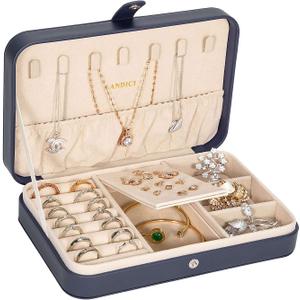 LANDICI Small Jewelry Box for Women Girls, PU Leather Travel Jewelry Case, Portable Jewelry Organizer Storage Holder Display for Ring Earrings Necklace Brooch Men Kids Gift, Dark Blue (8.26(L)x5.5(W)x1.7(H) inch)