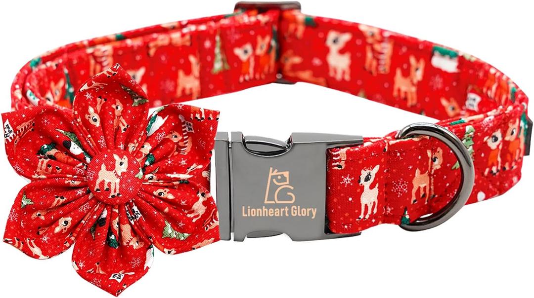 Lionheart Glory Christmas Deer Dog Collar - Red Adjustable Soft Collar with Flower for Small Dogs - Fall Pet Gift for Girl or Boy (X-Small (Pack of 1)