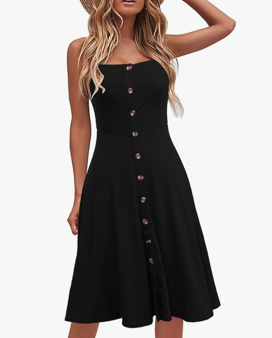 Berydress Women's Casual Beach Summer Dresses 2025 Solid Cotton Flattering A-Line Spaghetti Strap Button Down Midi Sundress, S