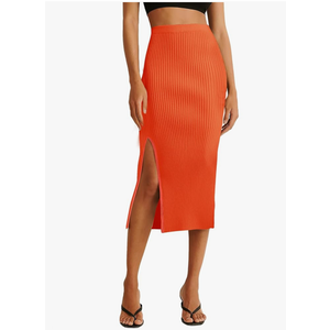 v28 Women Side Split Midi High Waisted Stretchy Ribbed Bodycon Casual Knit Pencil Skirt, S