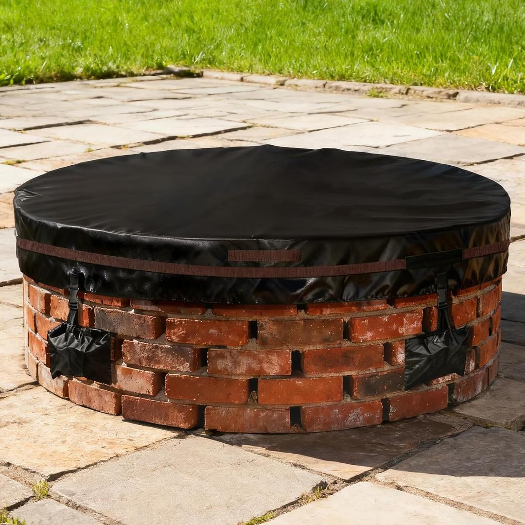 Outdoor Round Fire Pit Cover 51x9.5" Waterproof Tear-Resistant 600D Oxford PU Coated for 48–50" Built-In or In-Ground Stone Fire Pits, Heavy Duty All-Season Protection for Outdoor Fireplaces