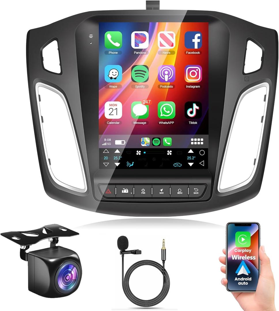 2G+64G Android 13 Car Stereo Radio for Ford Focus 2012-2018, Rimoody Wireless Carplay Android Auto 9.7 Inch Touch Screen GPS Navigation Bluetooth FM HiFi WiFi Mirror Link Backup Camera
