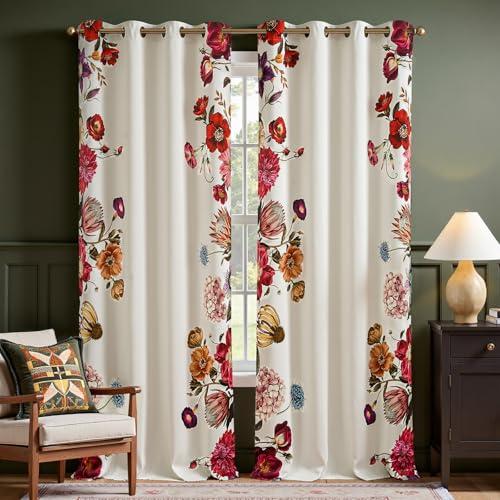 jinchan Vintage Floral Print Blackout Curtains Light Filtering Drapes with Vibrant Retro Flower Print Fall Decor Winter for Bedroom Living Room 96 Inches Length 2 Panels Set with Grommet Beige