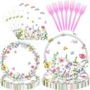 96 Pieces Floral Spring Tableware Set  Wildflower and Butterfly Disposable Plates, Napkins, and Pink Forks for Garden Parties, Baby Showers, Birthdays, and Bridal Celebrations  Serves 24