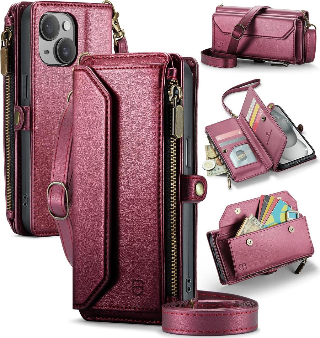 Strapurs Wallet Case Compatible with iPhone 15 RFID Blocking 7-Card Holder Soft PU Leather Magnetic Snap Shoulder Strap Zipper Pocket Phone Case Fit for iPhone 15 for Women 6.1" - Wine Red