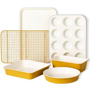 CAROTE 6-Piece Ceramic Baking Pans Set, Aluminized Steel Bakeware Sets, Toxin-Free Nonstick Stackable Oven Pans with Cookie Sheet, Muffin Pan, Loaf Pan, Round & Square Cake Pan, Cooling Rack, 6pcs
