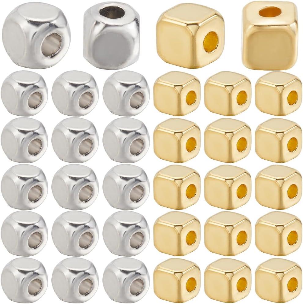 1 Box 500Pcs 4mm Metal Cube Bead Silver Square Beads Bulk Tibetan Alloy Antique Golden Smooth Charm Mini Loose Spacer Beads with Hole for Bracelet DIY Jewelry Making Necklace Craft Accessory