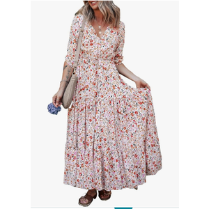 Women's Red Boho Floral V Neck Maxi Dress with Half Sleeves, Size M Women's Red Boho Floral V Neck Maxi Dress with Half Sleeves, Size M