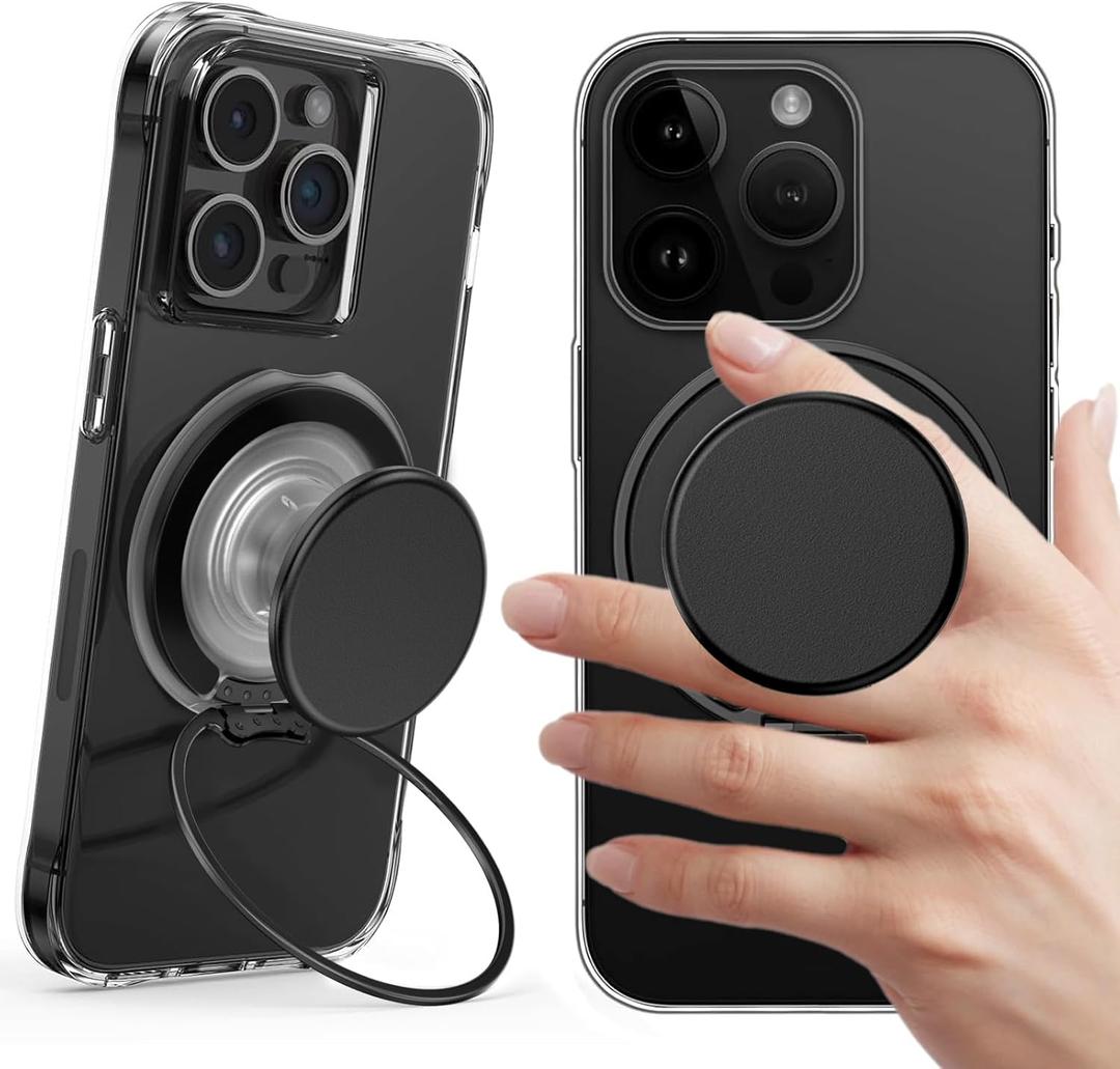 AUROX for MagSafe Phone Grip, Magnetic Phone Grips [Comfortable Grip], Expandable Collapsible Phone Grip Stand Holder with Adjustable Kickstand, for iPhone 16 15 14 13 12 Series,TransparentBlack