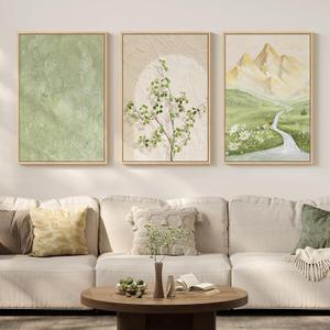 Framed Sage Green Landscape 3 Piece Wall Art for Living Room, Neutral Beige Mountain Botanical Print Canvas Artwork for Walls, Modern Nordic Rustic Nature Wall Decor for Bedroom Home Office, 16x24 In, 16" W x 24" H x 3Pcs