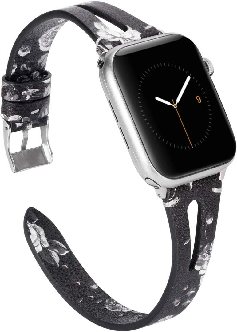 Wearlizer Black White Floral Womens Leather Compatible with Apple Watch Bands 38/40/41/42mm for iWatch SE Triangle Hole Strap Replacement for iWatch Series 11 10 9 8 7 6 5 4 3 SE/Ultra 3/Sports