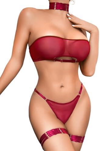 Kaei&Shi Sheer Mesh Lingerie Set, Sexy Bra And Panty 4PC, Strapless Choker M