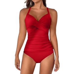 B2prity Women's Ruched Tankini Swimsuits V Neck Wrap Tie Back Two Pieces Bathing Suit Tummy Control Swimwear (S, Red)