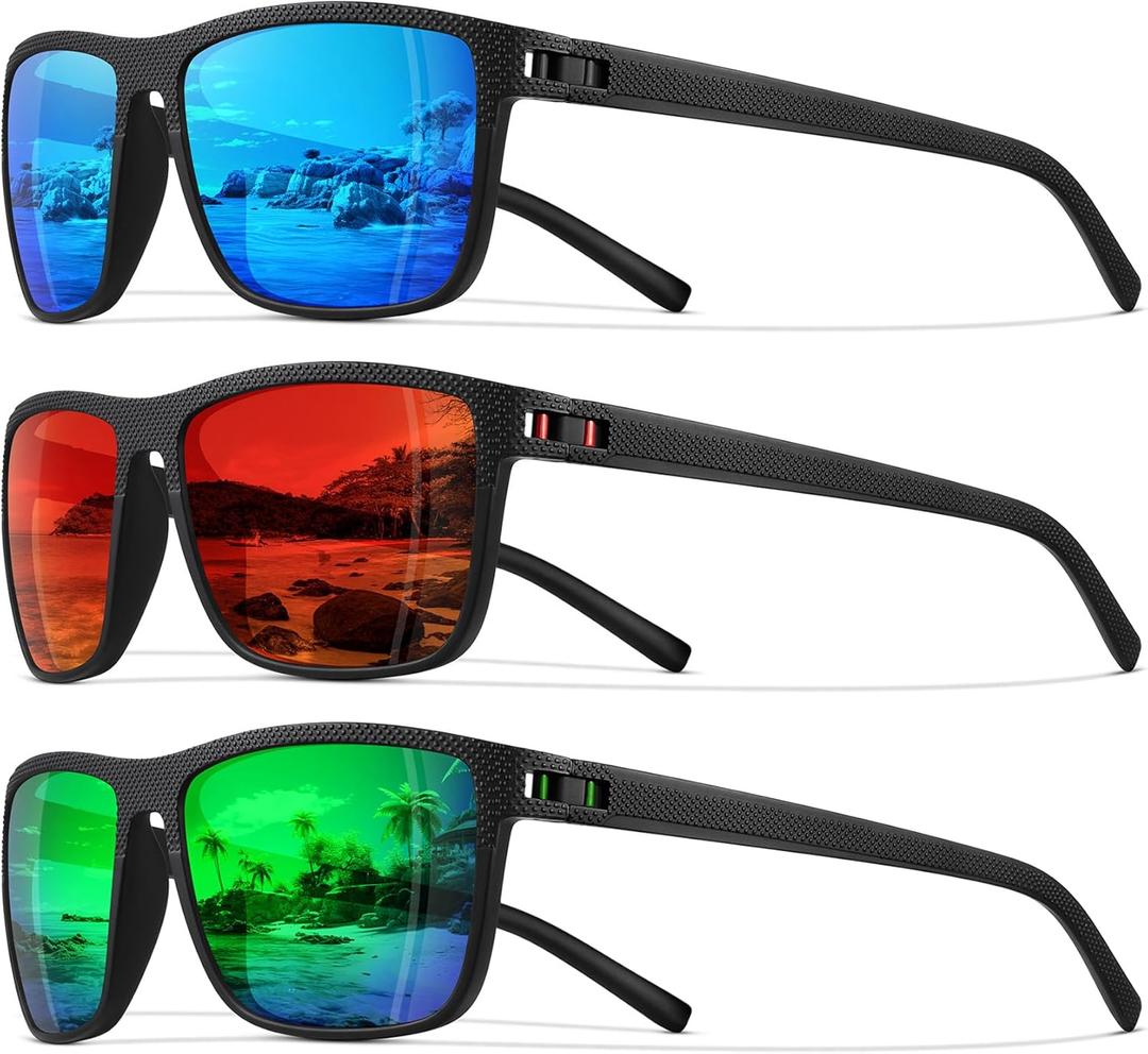 STORYCOAST Polarized Sunglasses for Men Women Classic Square Sports Fishing Running Golf Sun Glasses UV Protection (3pack-blue+red+green)