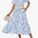 GRACE KARIN 2025 Women's Summer Floral Flowy A Line Midi Dresses Elegant Short Sleeve Smocked V-Neck Tiered Dresses M