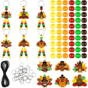 WZSTNBLA 577 Pcs Thanksgiving Turkey Beaded Craft Thanksgiving Wooden Keychain Kit Mixed DIY Thankful Turkey Beaded Key Chain Making Craft Make Your Own Key Chains for Thanksgiving Party Supply
