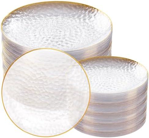 Rubtlamp 100Pcs Clear Gold Plastic Plates, Disposable Plates With Gold Rim, Heavy-duty Party Platos, Hammered Plastic Plates Include 50 Clear Dessert Platos, 50 Dinner Platos for Party