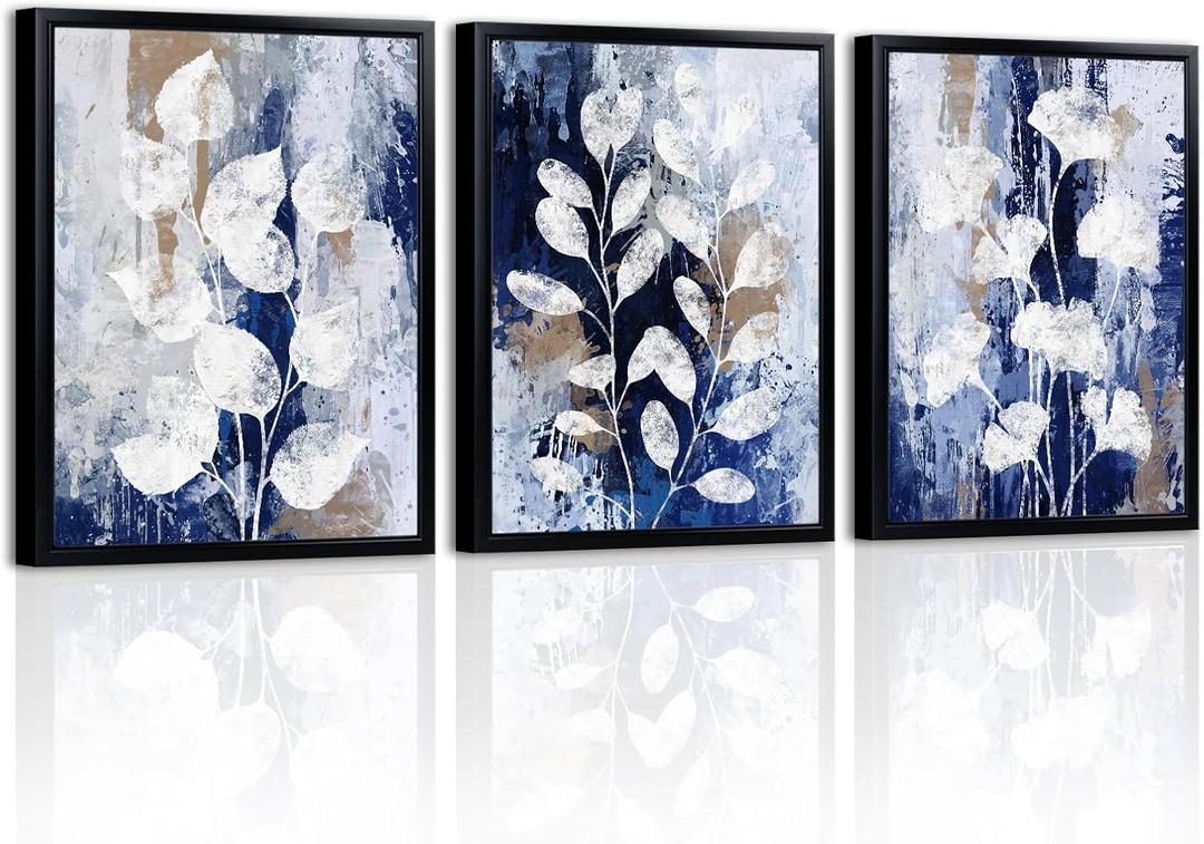 LevvArts Botanical Leaves Wall Art Framed Navy Blue and White Painting Canvas Prints Blue Bathroom Wall Decor