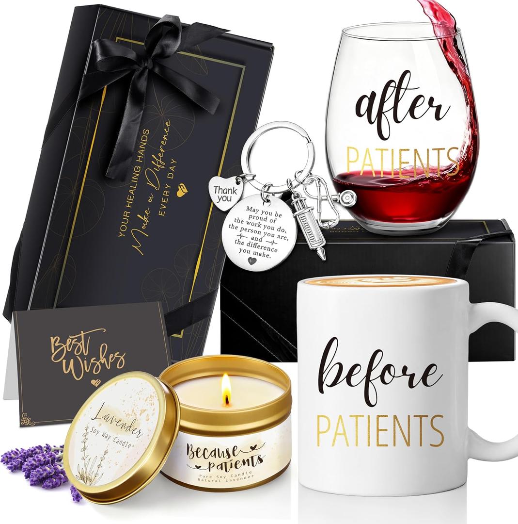 Before Patients After Patients Gift Set 11 oz Coffee Mug and 18 oz Stemless Wine Glass Set Gifts for Doctors, Nurses, Hygienists, Physician Dentist, Graduation Gifts