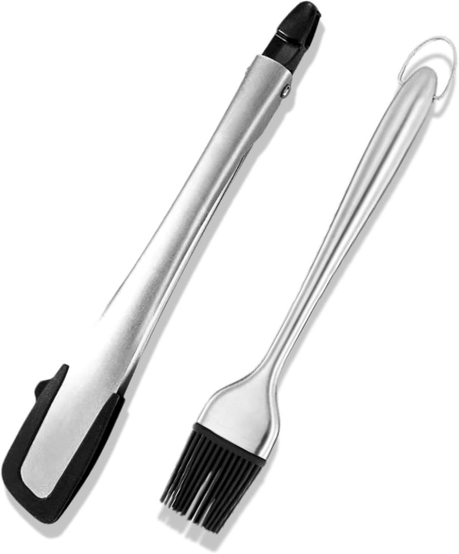 Heat-Resistant Kitchen Tongs and Basting Brush Set - 600 Stainless Steel Cooking Tongs with Metal Locking Mechanism - Ideal for Cooking, Grilling Steak, Baking Bread, and BBQ,(Silver 2Pcs)
