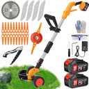 Electric Weed Wacker Cordless Battery Powered Eater,21V/4.0Ah Lightweight No-String Weed Trimmer with 2 Battery Operated& Wheels,3 in 1 Stringless Grass Trimmer/Edger/Brush Cutter for Garden Yard Lawn