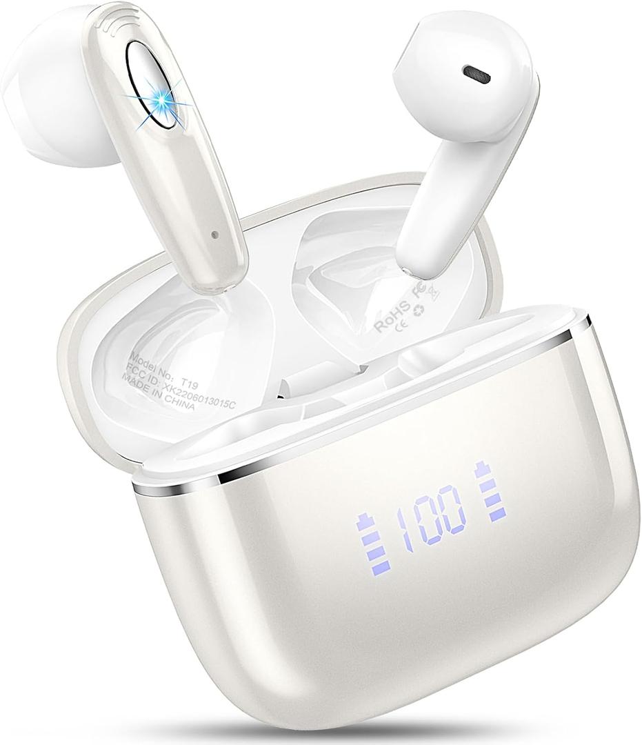 Wireless Earbud, Bluetooth Headphones 5.3 Built in 4 ENC Mic, Stereo Bass Wireless Earphones, 40H Bluetooth Earbud in-Ear Dual LED Display, USB-C, IP7 Waterproof Sport Ear Buds for Android iOS, Sliver (white Silver)