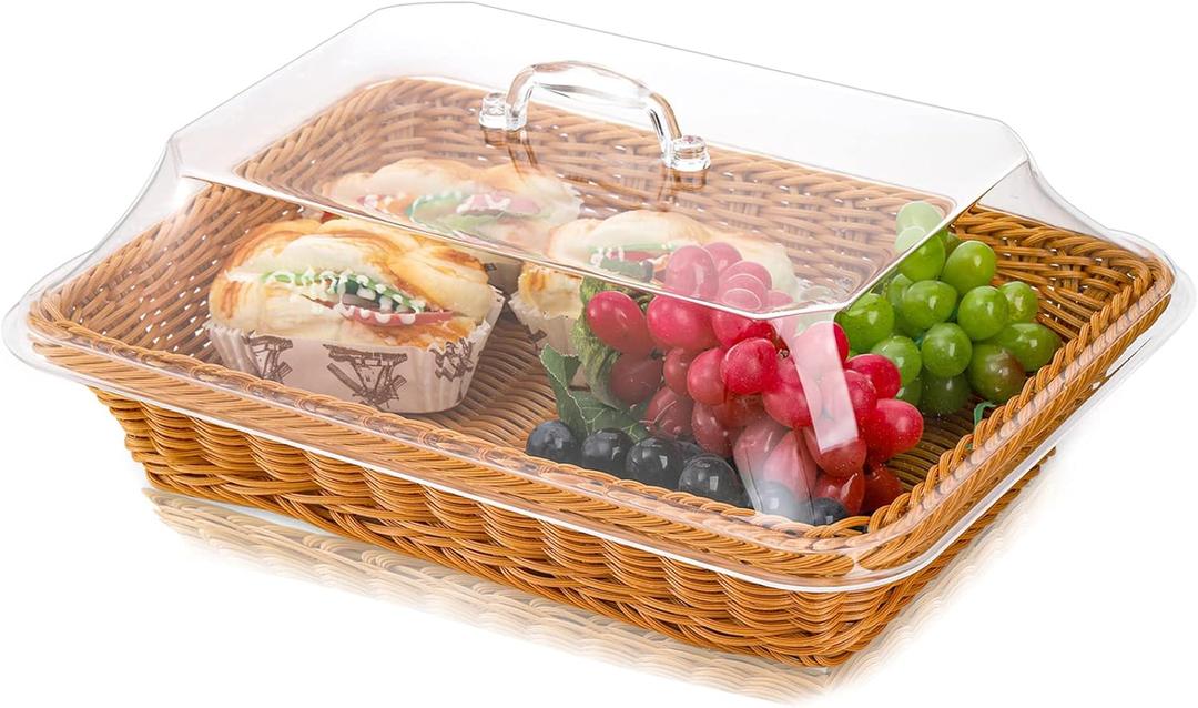 DEAYOU Imitation Rattan Bread Basket with Lid, Woven Tabletop Food Serving Basket, Poly-Wicker Fruit Basket for Vegetable, Restaurant, Display, Kitchen, Party, Rectangle, 13.8" L x 9.8" W