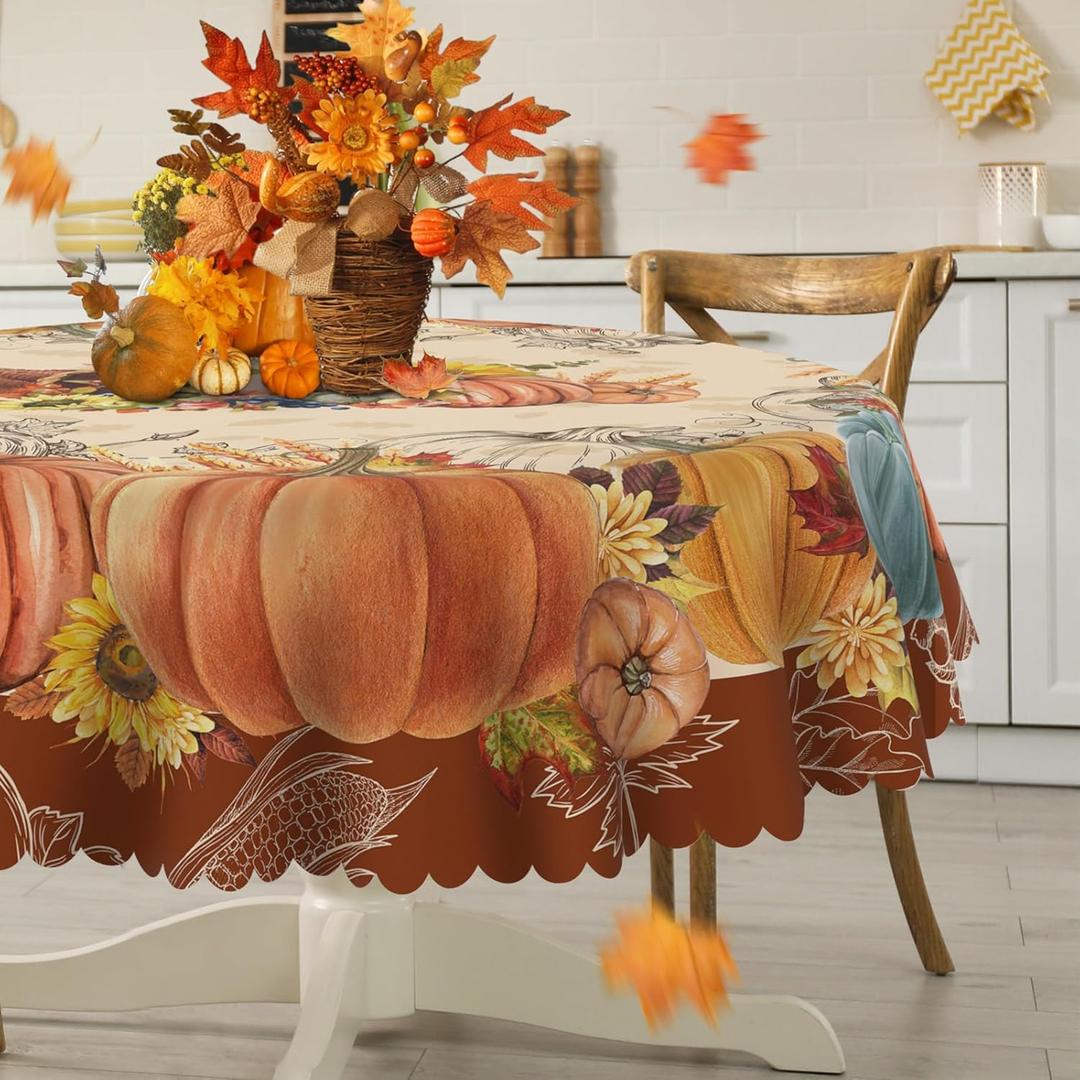 Thanksgiving Round Tablecloth 70 inches - Thanksgiving Decorations for Home - Water Resistant Pumpkins Table Cloth Fall Decor for Home, Table, Party