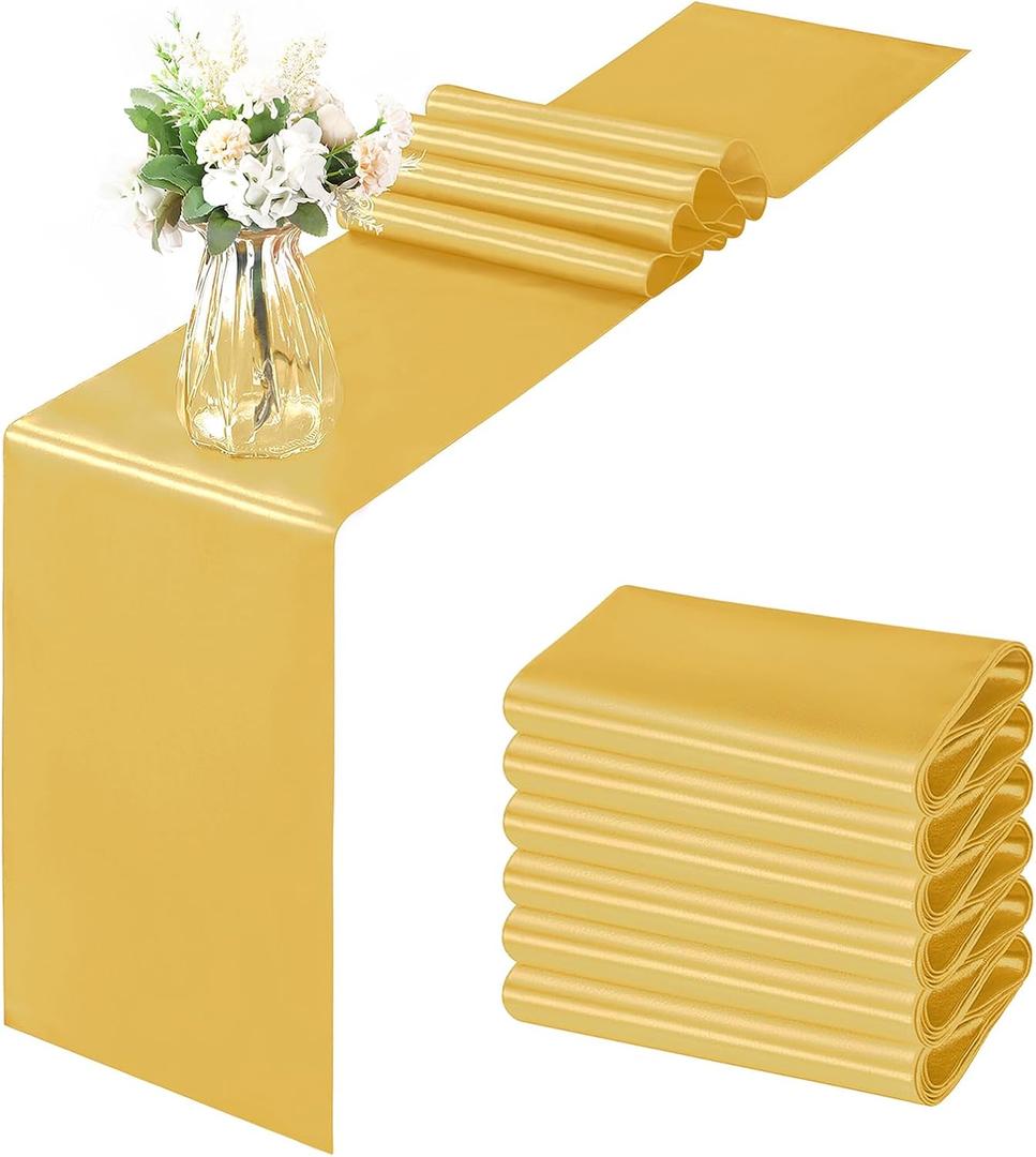 Horbaunal 6 Pack Satin Runners 12 x 108 Inch Bright Silky Smooth Satin Table Runners for Birthday Wedding Party Banquets, Luxury Gold