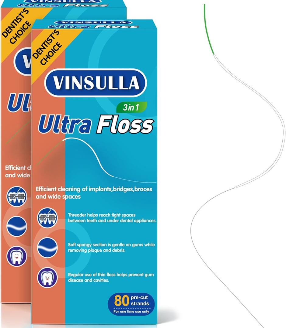 Dental Floss for Braces, Floss Threaders for Bridges and Implants, PTFE & PFAS Free Floss, 80 Pre-Cut Strands (Pack of 2)