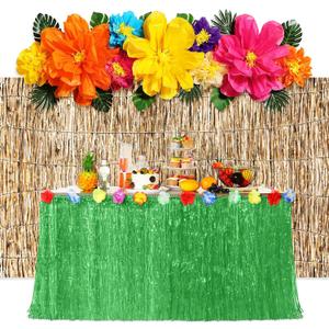 23 Pcs Hawaiian Luau Beach Party Decoration Set, Include Grass Table Skirt Paper Flowers Backdrop 71 x 43 Inch Hawaiian Backdrop 3D Hibiscus Palm Leaves for Aloha Luau Party Supplies (Green)