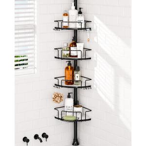 ALLZONE Corner Shower Caddy Tension Pole, 4 Hang-On Basket with Mixed-Height Shelves for Various Bottle Sizes, Extra Hooks & Soap Holder, Rustproof Stainless Steel, Fits 34116 Inch, Black/White