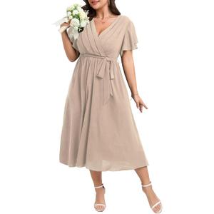 Womens Plus Size Dress Wedding Guest Cocktail Pleated V Neck Faux Wrap V Neck Flowy A Line Midi Dresses with Belt (Beige)