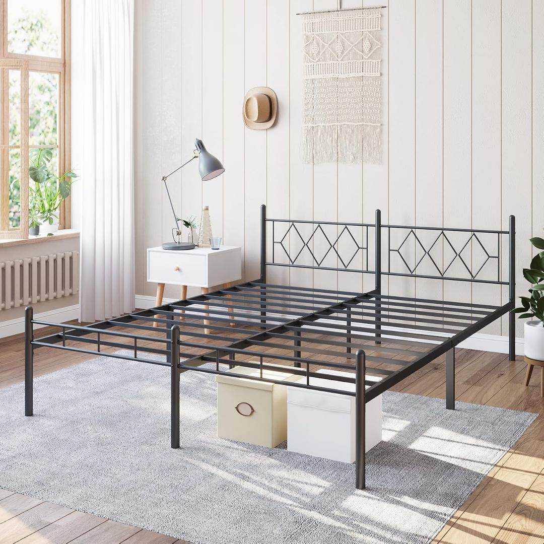 14 Inch California King Size Bed Frame No Box Spring Needed,Metal Platform with Headboard and Footboard,Heavy Duty Slats Support Easy Assemble Noise Free(Black and Rhombus)