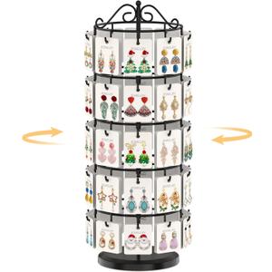 EsLuker.ly Earring Holder Organizer Rotating Display Tree Stand, Adjustable Height Earring Card Hanger Rack with 50 Hooks for Vendors Market Selling, 5 Tier Metal Jewelry Storage Tower, Black