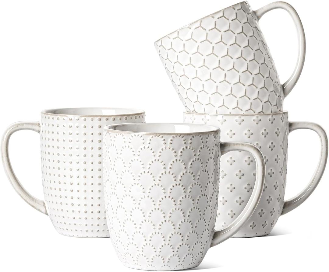 LE TAUCI Coffee Mugs 16 oz,Ceramic Mug Set, Embossment Cups for Latte, Hot Tea, Cappuccino, Mocha, Cocoa, Dishwasher Safe, Suit For Housewarming Wedding- 3.8 inch, Set of 4, Arctic White