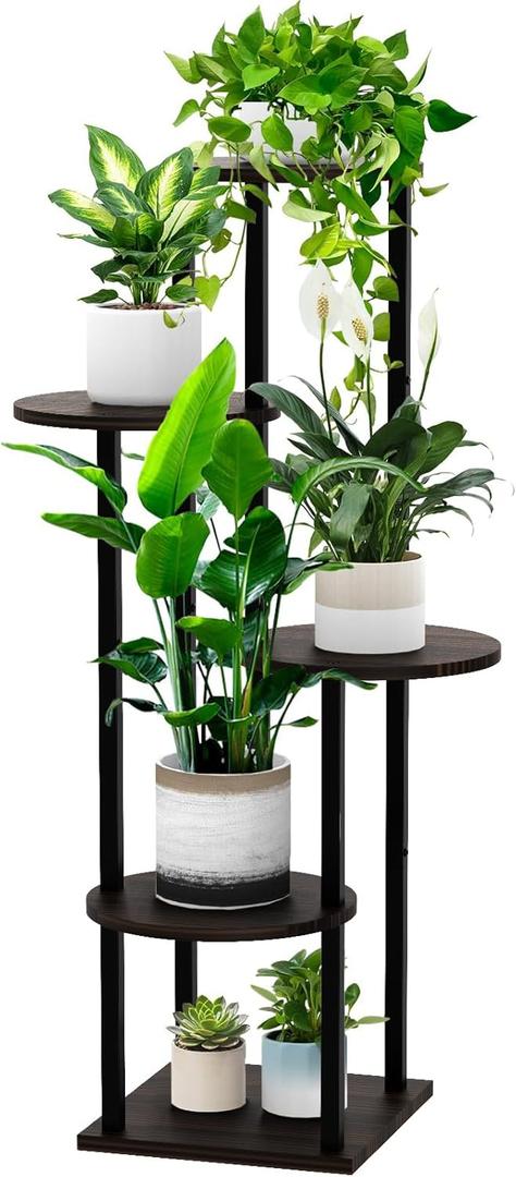 5 Tier Wood Tall Plant Stand Metal Rack Indoor, Multiple Flower Pot Holder Shelves Corner Rack, Round Planter Shelf Display Rack Storage Organizer for Patio Living Room Balcony(Black Oak)