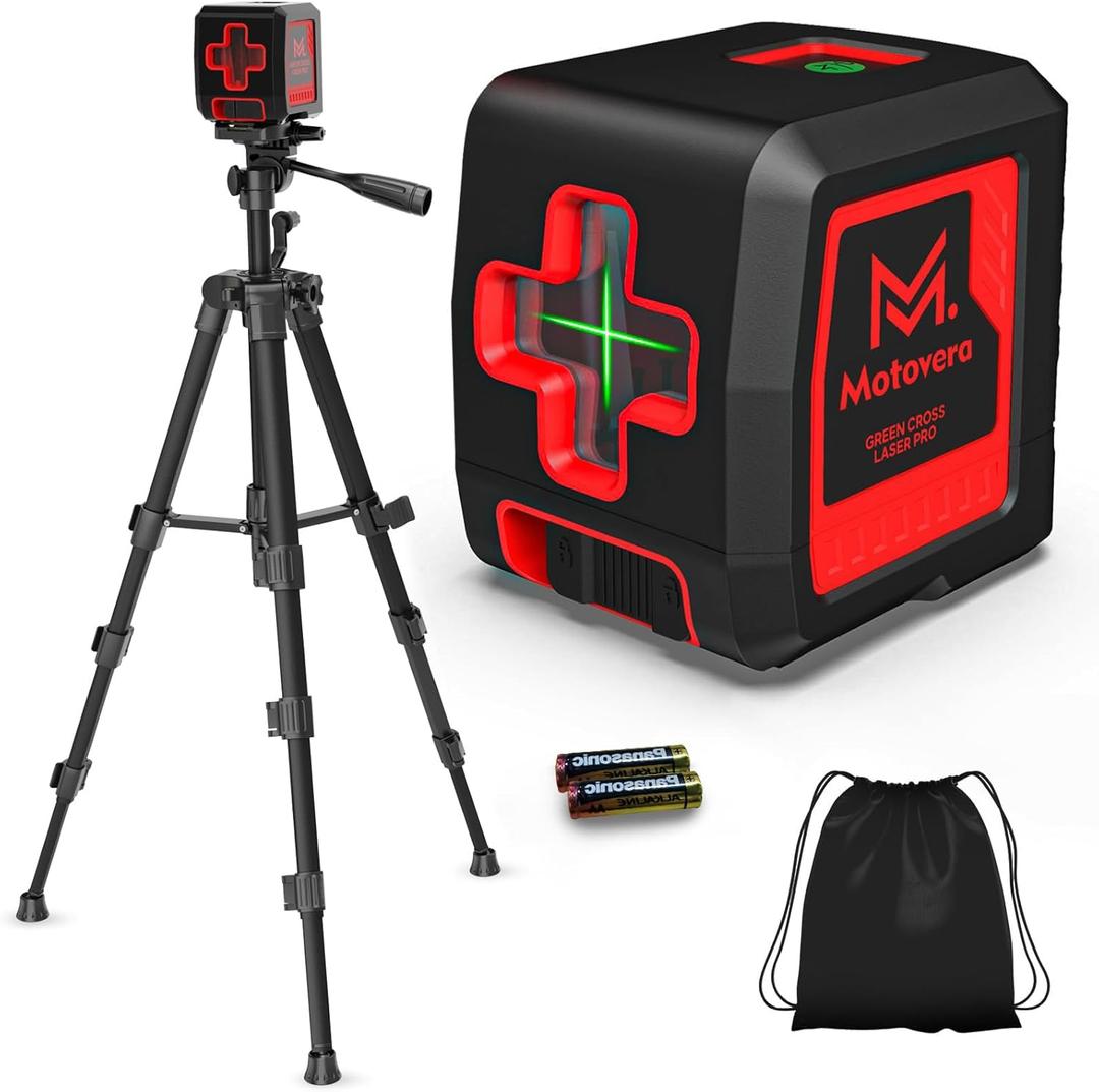 Motovera Self Leveling Laser Level 100ft, Green Cross Line with Tripod, 4 Brightness Modes & Pulse Function, Manual & Self-Leveling Modes, IP54 Waterproof for Picture Hanging, Tile, DIY Construction