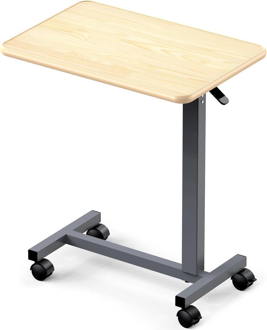 WOTURE Adjustable Overbed Table with Wheels, Pneumatic Height Adjustment, Ideal for Hospital Use or At Home as Bed Tray, Standing Desk, Bedridden & Mobility Needs, Maple, 23.62 inches x 15.75 inches x 39.37 inches