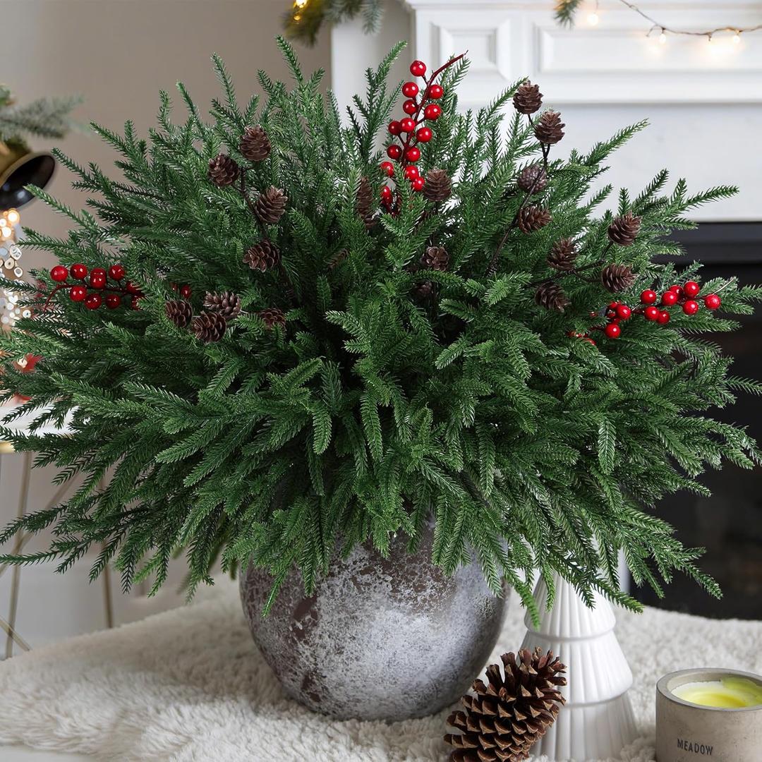 Artificial Christmas Norfolk Pine Stems Branches for Vases, 17 Bundles Faux Pine Branches with Pinecones and Red Berries Branches, Fake Greenery Evergreen Real Touch for Holiday Winter Table Xmas Décor